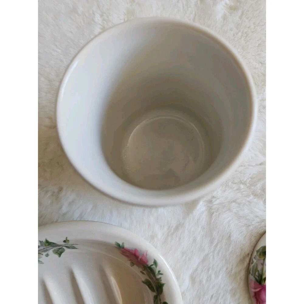 Vintage Crowne Oaks Designs Rose Floral Porcelain Toothbrush Holder & Soap Dish